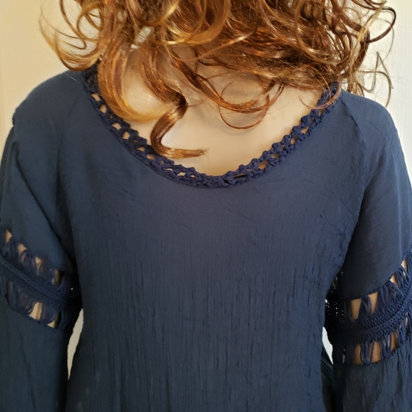 Guilty Navy Blue Top Fringed Hem Crocheted Boho Blouse Medium - Picture 4 of 5